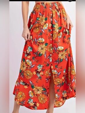 eesome Orange Maxi Skirt with White & Yellow Floral Print